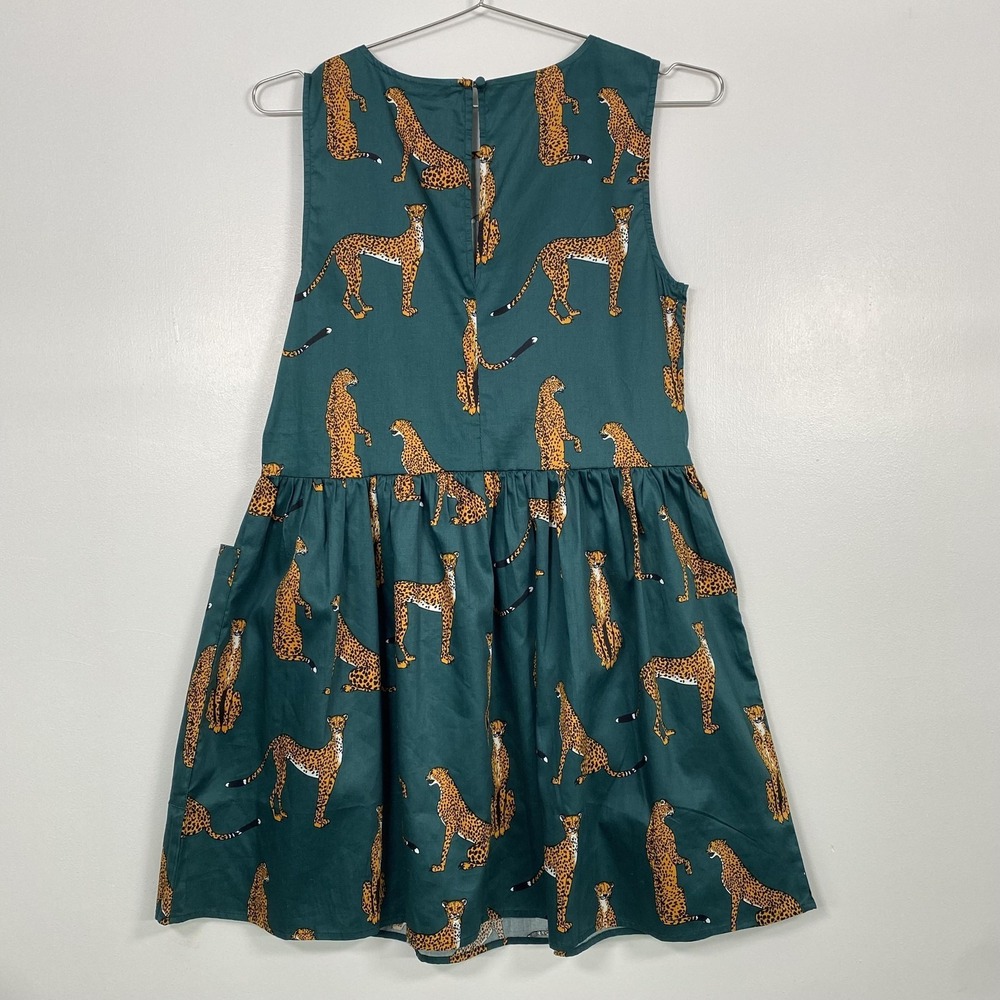 NWT ModCloth Dress Womens Small Green Cheetah AnimalPrint FitFlare Cotton Pocket - Picture 5 of 13